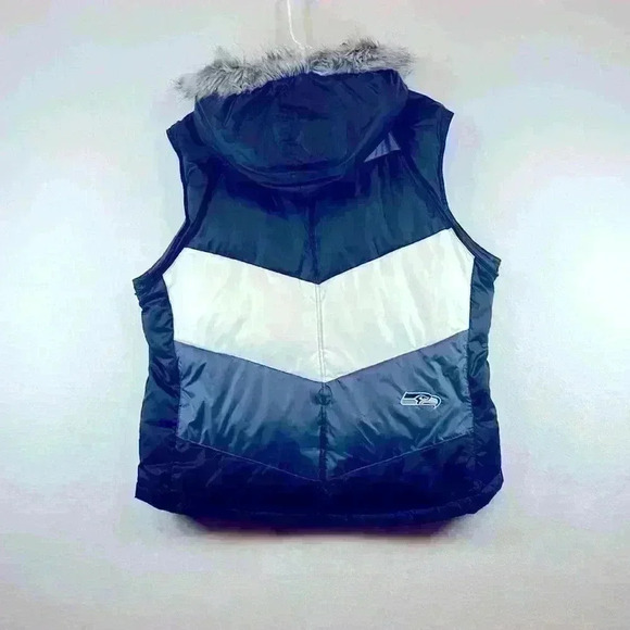 Reebok Puffer Vest Seattle Seahawks Women’s Size XL Navy White Blue Hood - Picture 2 of 6